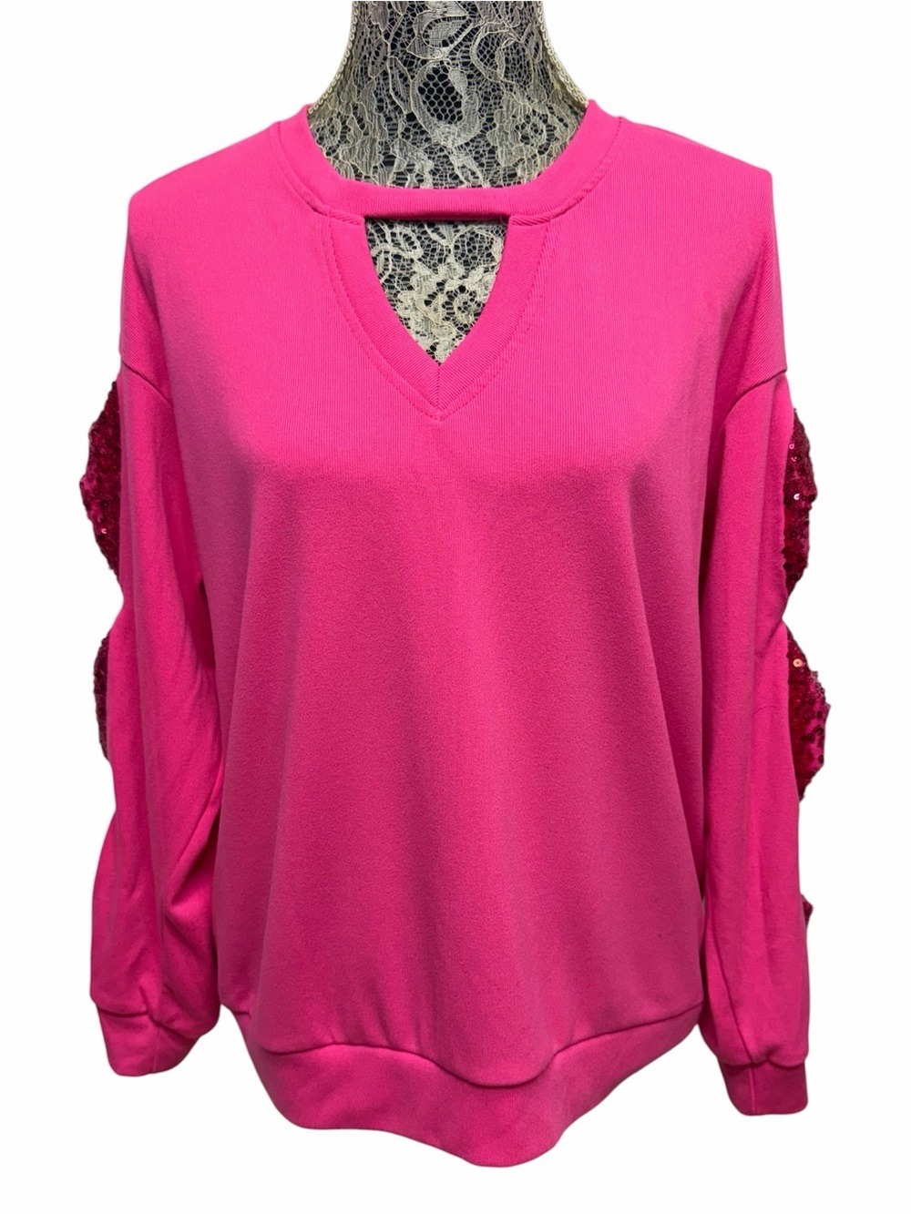 Sheilay 3XL Hot Pink Cutout V Neck Sequin Sleeve Sweatshirt Top